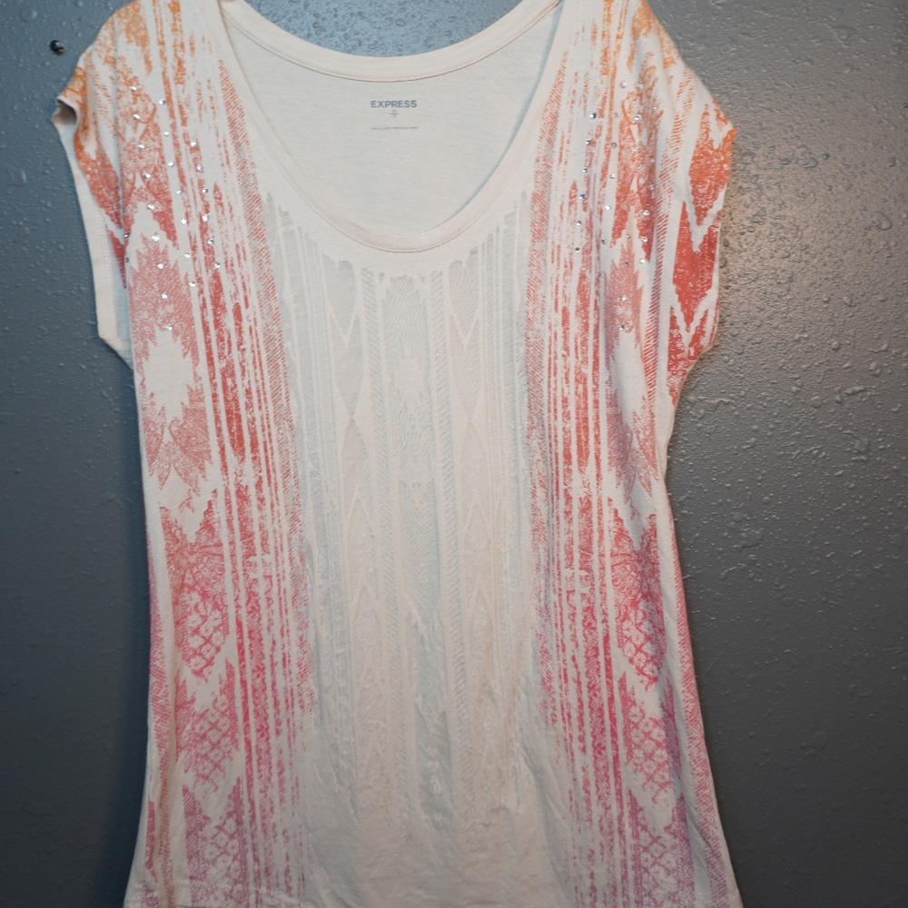 Express Womens Tan Orange Aztec Print Short Sleeve Light Weight Shirt Size XS